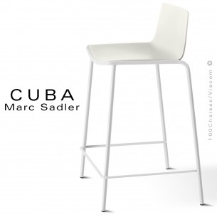 Tabouret de cuisine design CUBA, assise coque plastique couleur blanc pur, structure acier peint blanche.