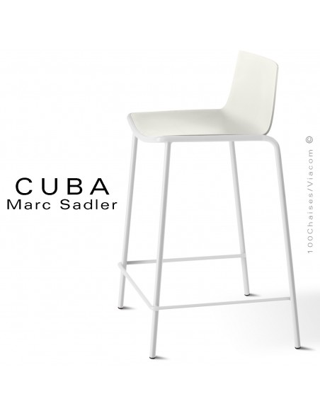 Tabouret de cuisine design CUBA, assise coque plastique couleur blanc pur, structure acier peint blanche.