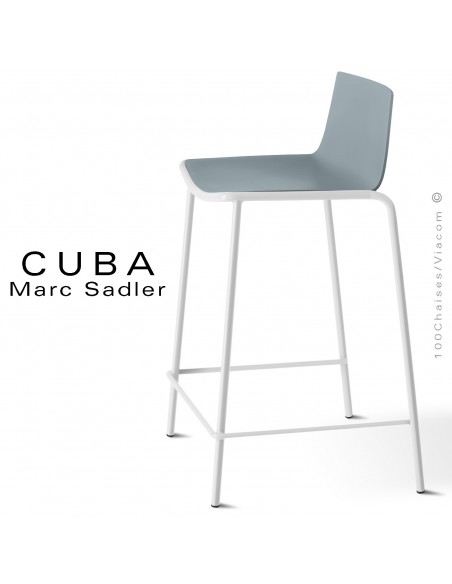 Tabouret de cuisine design CUBA, assise coque plastique couleur gris, structure acier peint blanche.
