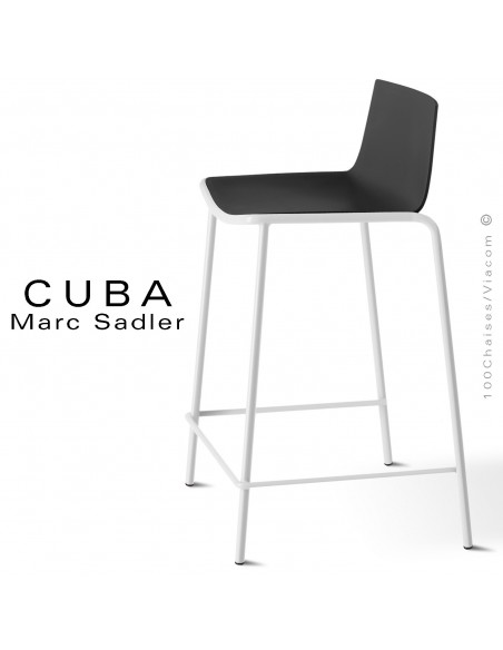 Tabouret de cuisine design CUBA, assise coque plastique couleur noir, structure acier peint blanche.