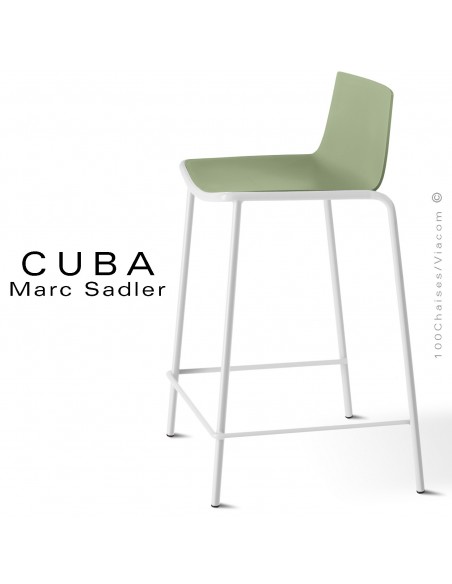 Tabouret de cuisine design CUBA, assise coque plastique couleur pistache, structure acier peint blanche.