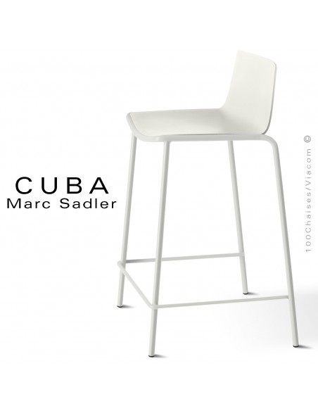Tabouret de cuisine design CUBA, assise coque plastique couleur blanc pur, structure acier peint blanc pur.