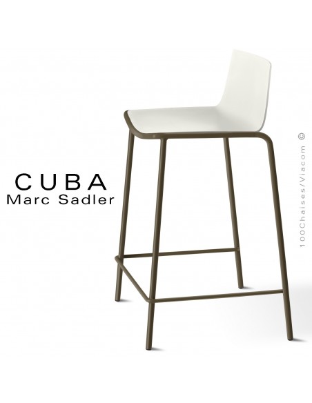 Tabouret de cuisine design CUBA, assise coque plastique couleur blanc pur, structure acier peint marron.
