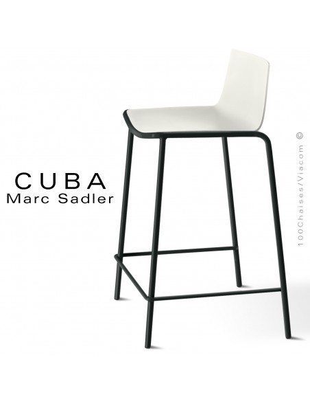 Tabouret de cuisine design CUBA, assise coque plastique couleur blanc pur, structure acier peint noir.
