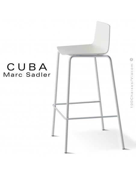 Tabouret design CUBA-ECO, assise coque plastique couleur blanc, structure acier peint aluminium.