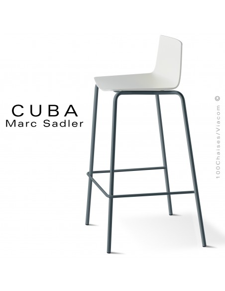 Tabouret design CUBA-ECO, assise coque plastique couleur blanc, structure acier peint anthracite.