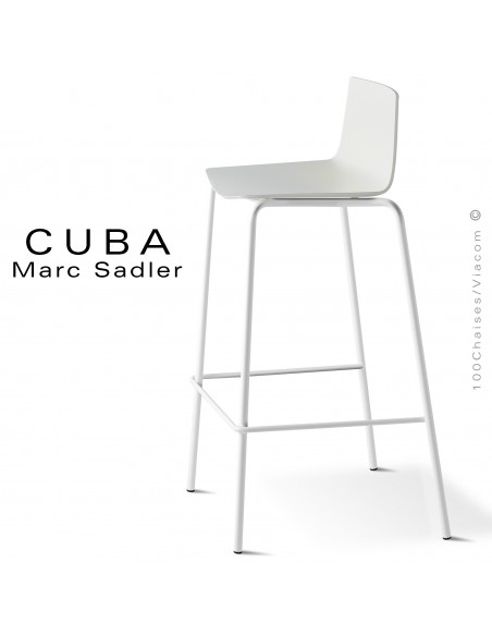 Tabouret design CUBA-ECO, assise coque plastique couleur blanc, structure acier peint blanc.