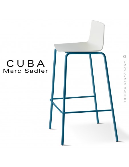Tabouret design CUBA-ECO, assise coque plastique couleur blanc, structure acier peint bleu Capri.