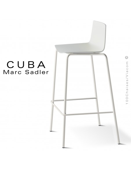 Tabouret design CUBA-ECO, assise coque plastique couleur blanc, structure acier peint blanc pur.