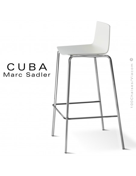 Tabouret design CUBA-ECO, assise coque plastique couleur blanc, structure acier chromé.