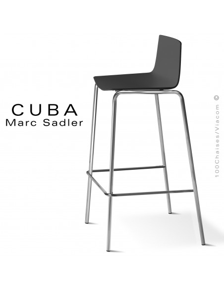 Tabouret design CUBA-ECO, assise coque plastique couleur noir, structure acier chromé.