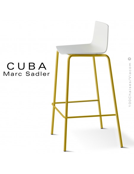 Tabouret design CUBA-ECO, assise coque plastique couleur blanc, structure acier peint jaune curry.