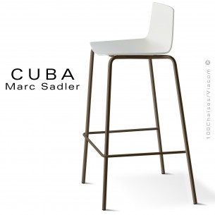 Tabouret design CUBA-ECO, assise coque plastique couleur blanc, structure acier peint marron.
