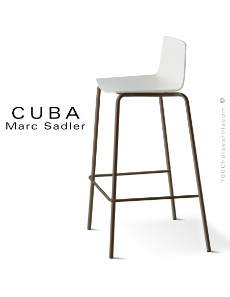 Tabouret design CUBA-ECO, assise coque plastique couleur blanc, structure acier peint marron.