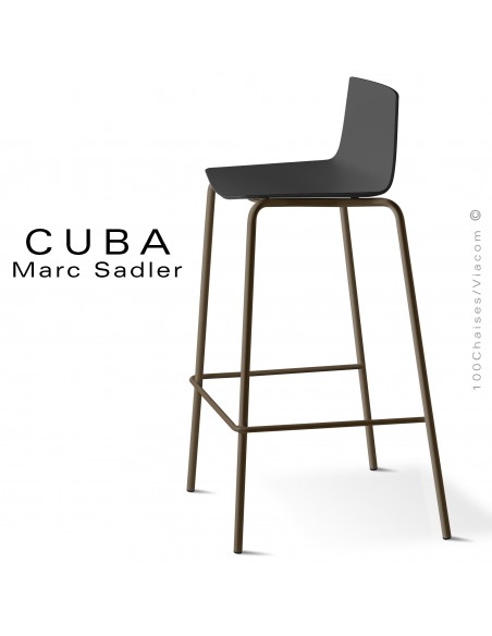 Tabouret design CUBA-ECO, assise coque plastique couleur noir, structure acier peint marron.