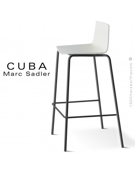 Tabouret design CUBA-ECO, assise coque plastique couleur blanc, structure acier peint noir.