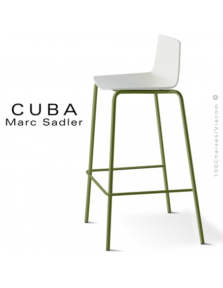 Tabouret design CUBA-ECO, assise coque plastique couleur blanc, structure acier peint vert olive.