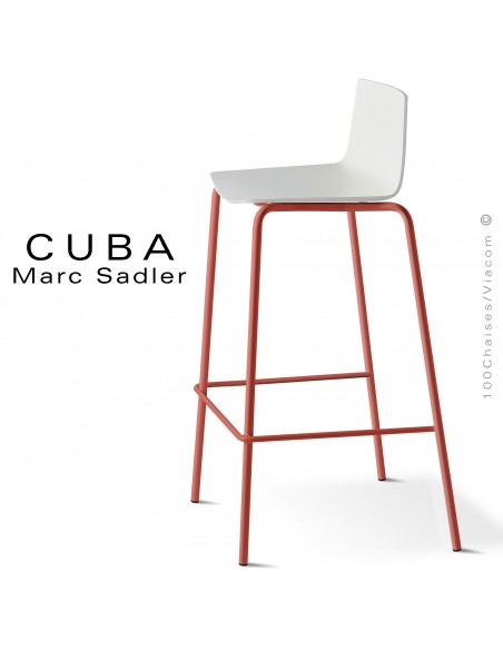 Tabouret design CUBA-ECO, assise coque plastique couleur blanc, structure acier peint rouge Corail.