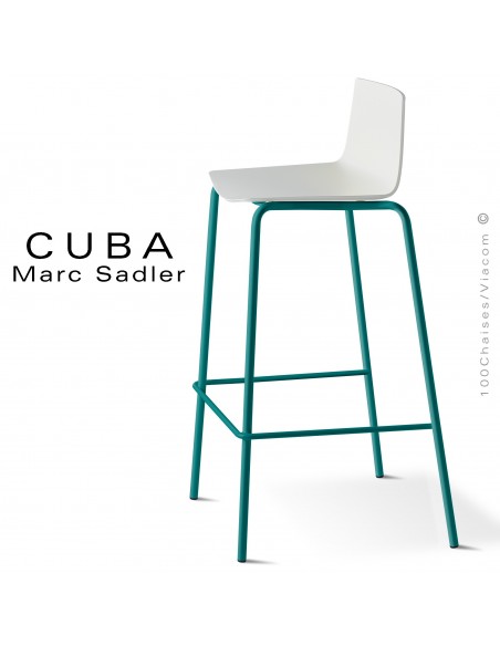 Tabouret design CUBA-ECO, assise coque plastique couleur blanc, structure acier peint bleu d'eau.