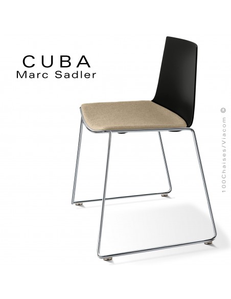 Chaise design CUBA, piétement luge chromé brillant, coque plastique couleur noir, tissu couleur crème.