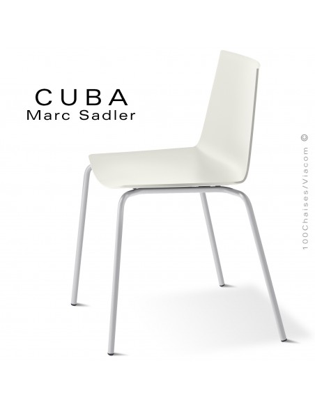 Chaise design CUBA-ECO, assise coque plastique couleur blanc pur, structure et piétement acier peint aluminium.