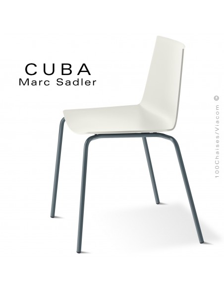 Chaise design CUBA-ECO, assise coque plastique couleur blanc pur, structure et piétement acier peint anthracite.