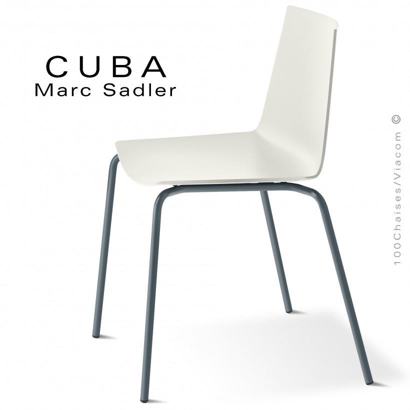 Chaise design CUBA-ECO, assise coque plastique couleur blanc pur, structure et piétement acier peint anthracite.