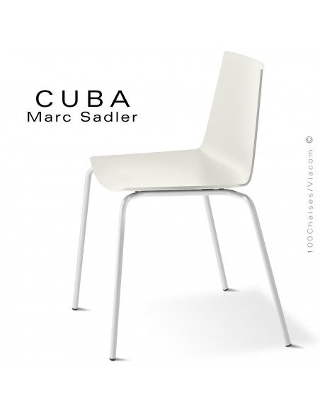 Chaise design CUBA-ECO, assise coque plastique couleur blanc pur, structure et piétement acier peint blanc.