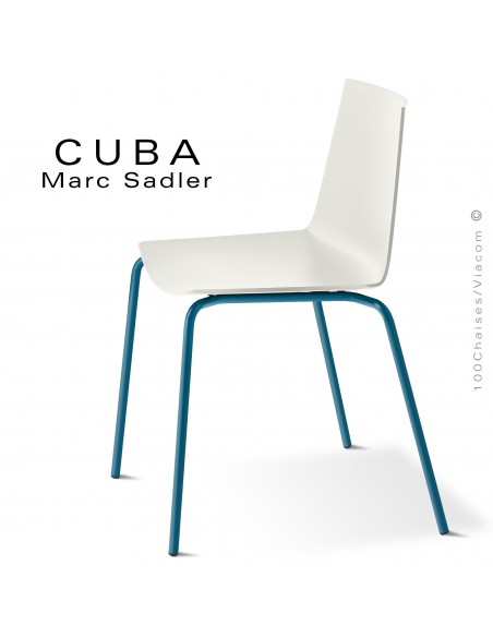 Chaise design CUBA-ECO, assise coque plastique couleur blanc pur, structure et piétement acier peint bleu Capri.