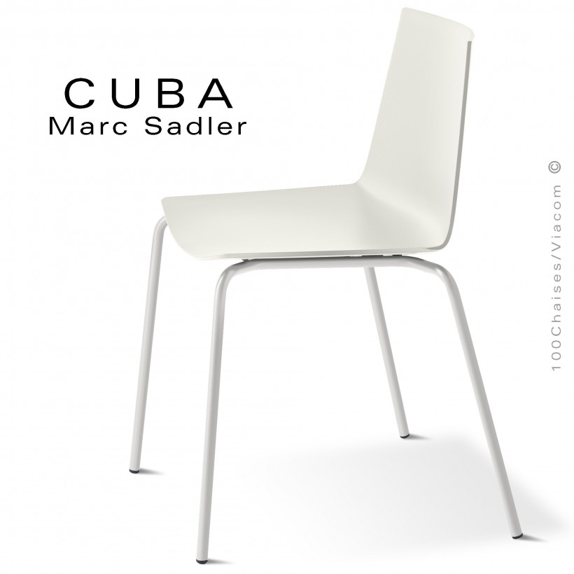 Chaise design CUBA-ECO, assise coque plastique couleur blanc pur, structure et piétement acier peint blanc pur.