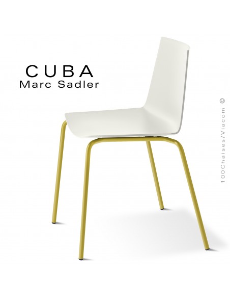 Chaise design CUBA-ECO, assise coque plastique couleur blanc pur, structure et piétement acier peint jaune Curry.