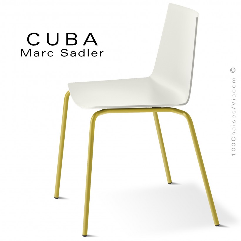 Chaise design CUBA-ECO, assise coque plastique couleur blanc pur, structure et piétement acier peint jaune Curry.