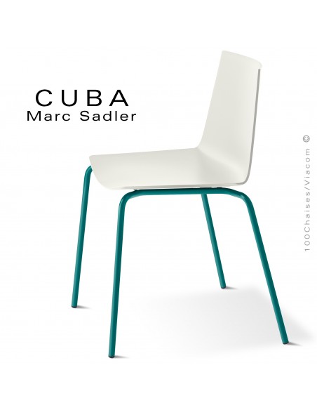 Chaise design CUBA-ECO, assise coque plastique couleur blanc pur, structure et piétement acier peint bleu d'eau.
