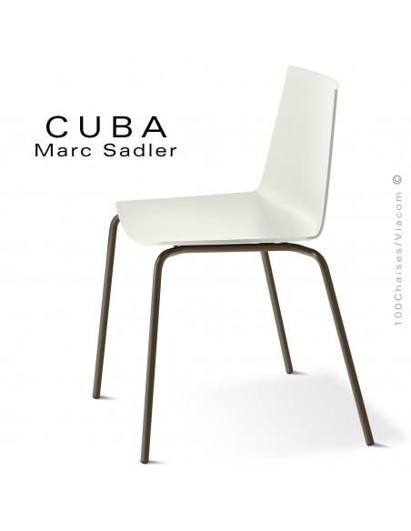 Chaise design CUBA-ECO, assise coque plastique couleur blanc pur, structure et piétement acier peint marron.