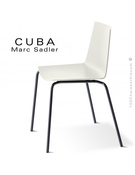 Chaise design CUBA-ECO, assise coque plastique couleur blanc pur, structure et piétement acier peint noir.