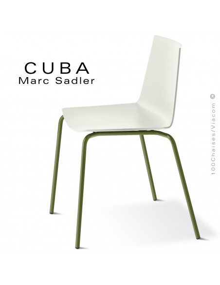 Chaise design CUBA-ECO, assise coque plastique couleur blanc pur, structure et piétement acier peint vert olive.