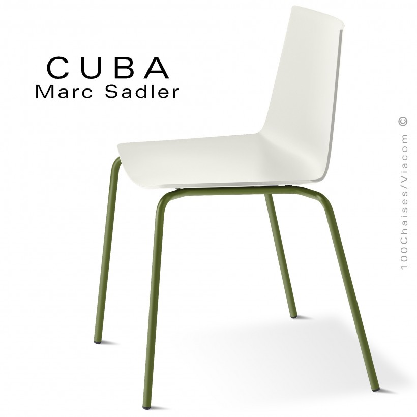 Chaise design CUBA-ECO, assise coque plastique couleur blanc pur, structure et piétement acier peint vert olive.