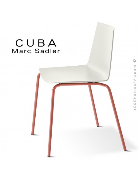 Chaise design CUBA-ECO, assise coque plastique couleur blanc pur, structure et piétement acier peint rouge Corail.