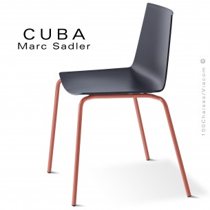 Chaise design CUBA-ECO, assise coque plastique couleur noire, structure et piétement acier peint rouge Corail.