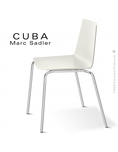 Chaise design CUBA-ECO, assise coque plastique couleur blanc pur, structure et piétement acier peint chromé brillant.