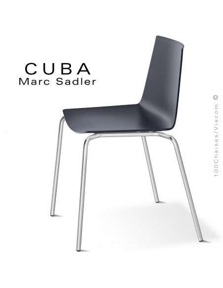 Chaise design CUBA-ECO, assise coque plastique couleur noire, structure et piétement acier peint chromé brillant.