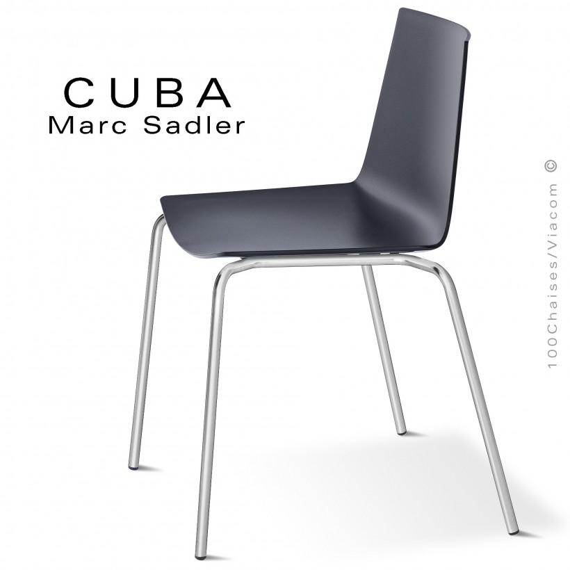 Chaise design CUBA-ECO, assise coque plastique couleur noire, structure et piétement acier peint chromé brillant.