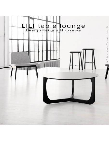 Famille table basse design LILI, piétement Chêne huilé ou Frêne teinté noir, plateau stratifié noir ou blanc.