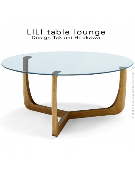 Table basse design LILI, piétement chêne massif huilé, plateau verre blanc.