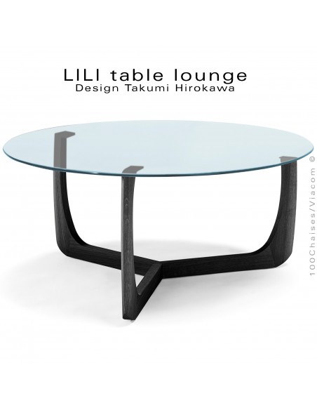 Table basse design LILI, piétement Frêne teinté noir, plateau verre blanc.