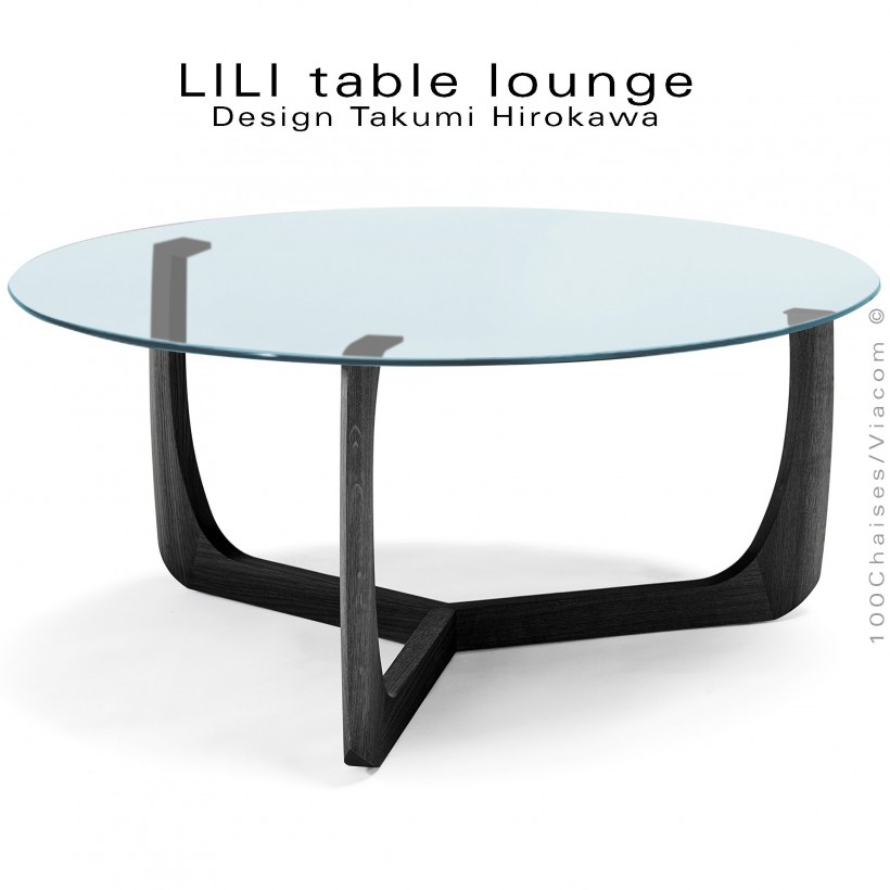 Table basse design LILI, piétement Frêne teinté noir, plateau verre blanc.
