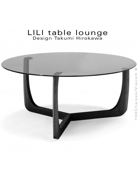Table basse design LILI, piétement Frêne teinté noir, plateau verre teinté noir.