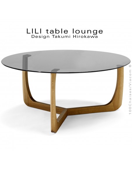 Table basse design LILI, piétement Chêne huilé, plateau verre teinté noir.
