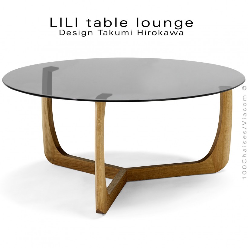 Table basse design LILI, piétement Chêne huilé, plateau verre teinté noir.
