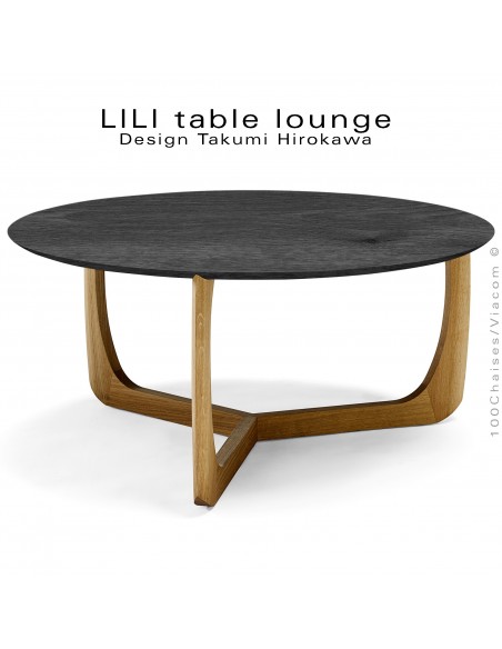 Table basse design LILI, piétement chêne massif huilé, plateau Frêne teinté noir.